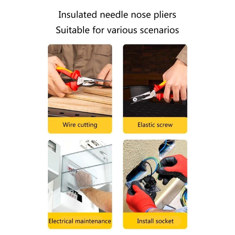 200mm Insulated Long Needle Nose Plier 1000V for Electric Vehicle, Jaws Hardness HRC58 To 62, Two-Toned Anti Slip Handle