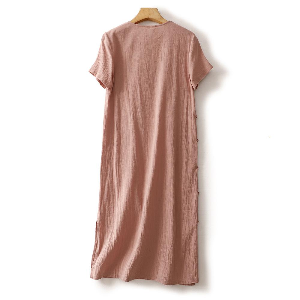 2025 Summer New Side Open Placket Buckle Improved Cheongsam Dress Women's Loose and Thin Solid Color Round Neck Short-sleeved Dress