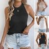 Women Tops Slim Fit Solid Color Summer Blouse Round Neck Sleeveless Hollow Design