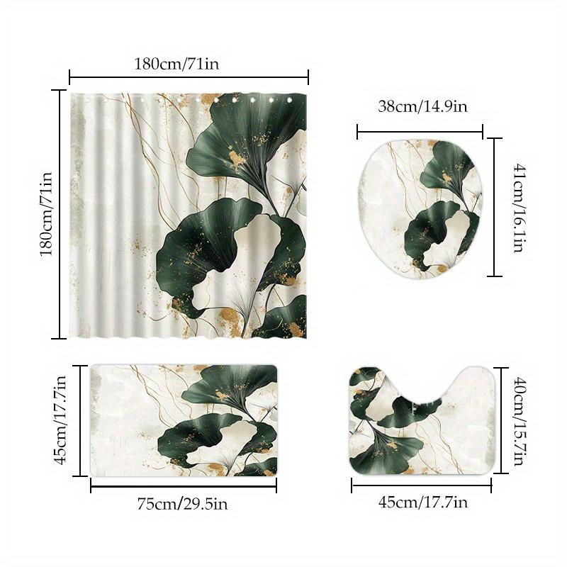 Chinese Lotus Shower Curtain Set - Traditional Painting Style, Polyester, Non-Slip Bath Mat, Toilet Seat Cover, U-Shaped Carpet