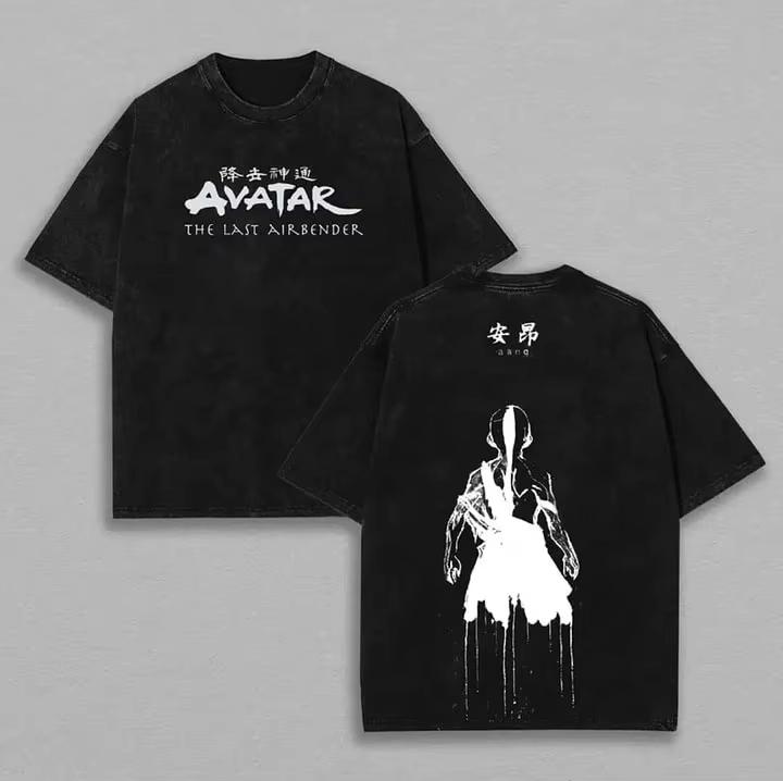 Avatar The Last Airbender Anime Katara Aang Grafisk Print Vintage Vasket Rund Hals T-shirt Mænd Kvinder Personlighed Streetwear Hip Hop Mode Oversized T-shirt