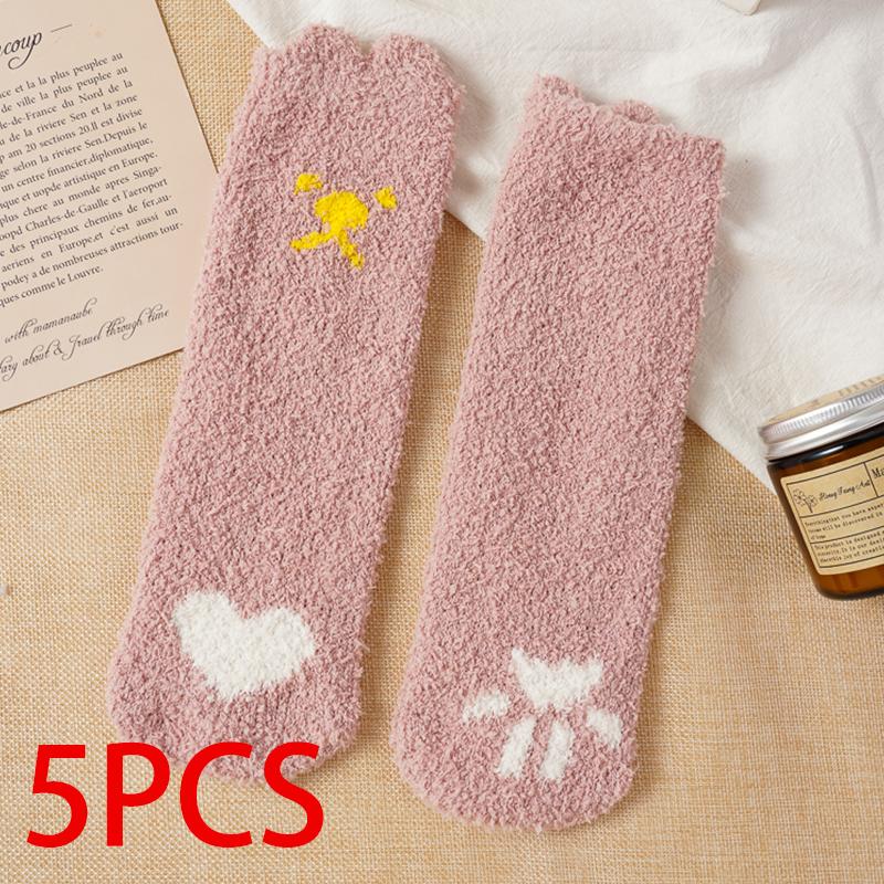 5 Pairs Autumn Winter Cartoon Cat Tube Socks Women Heart-shaped Coral Fleece Socks Cute Sweet Thick Soft Warm Home Sleep Sock