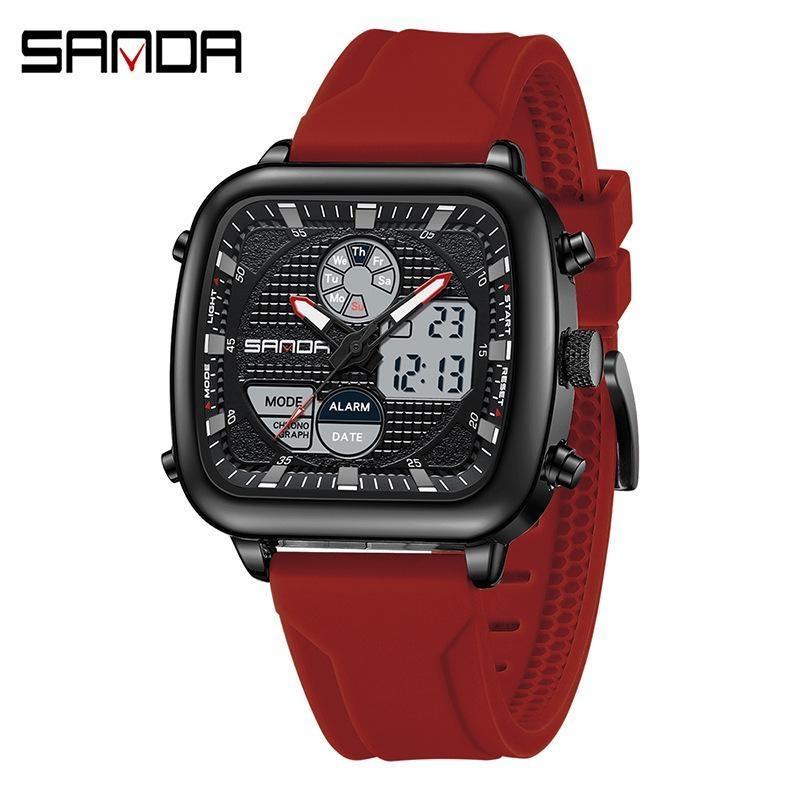 SANDA Retro Square Double Display Electronic Watch Night Light Waterproof Business Leisure Men's Watches Sports Silicone Strap Wristwatch