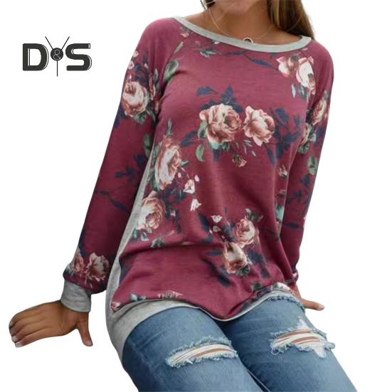 

Женские топы с круглым вырезом и длинным рукавом, пуловеры с цветочным принтом и лоскутным узором, футболка средней длины XL вино красного