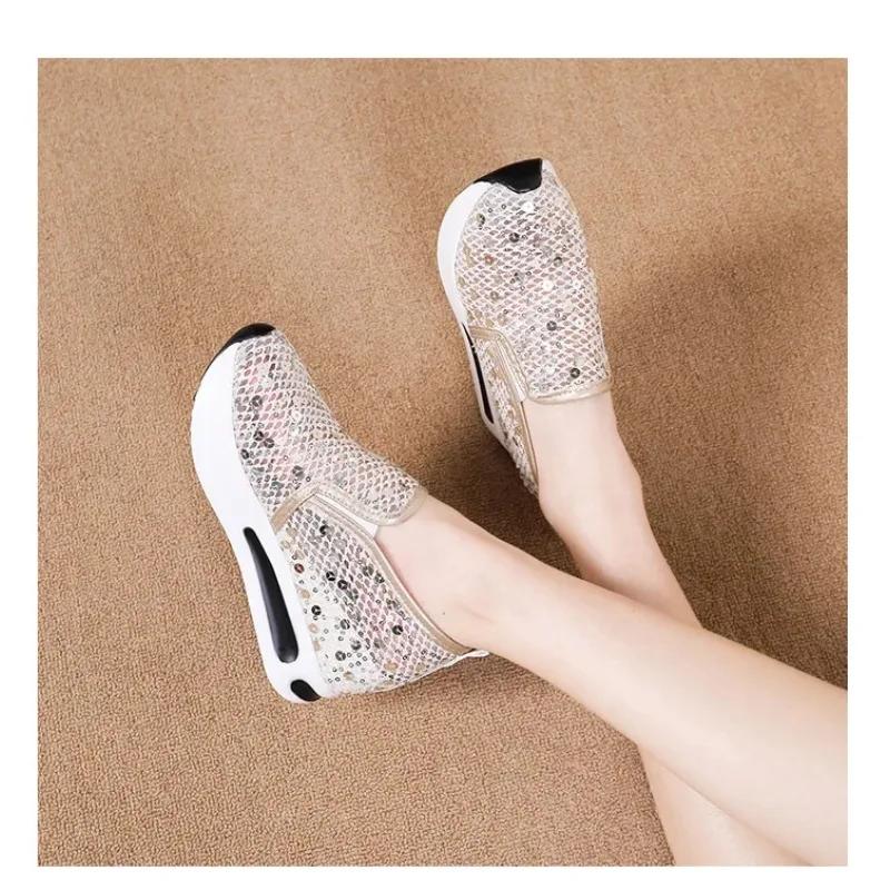 Fashion Women's Sneakers Floral Glitter Embroidery Mesh Sneakers for Women Slip On Casual Comfy Heeled Shoes Woman Wedges Shoes