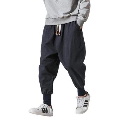 Cotton Linen Harem Pants Men Solid Elastic Waist Streetwear Joggers  Baggy Drop-crotch Pants Casual Trousers Men