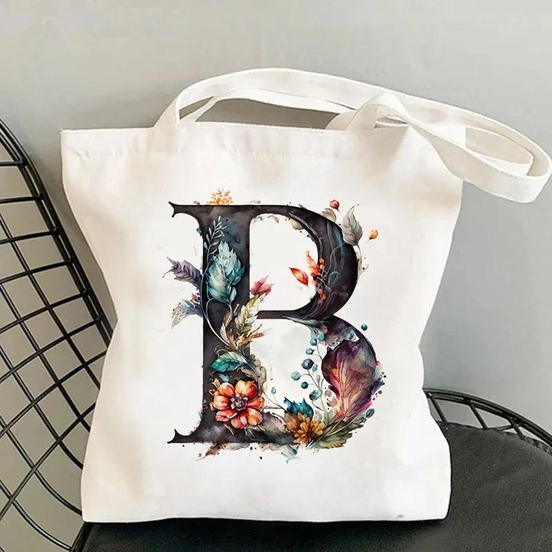 26 Black Alphabet Flower Tote Bags For Women Large Capacity Canvas Casual New Shopping Printed Reusable Handbag Eco Bag Large