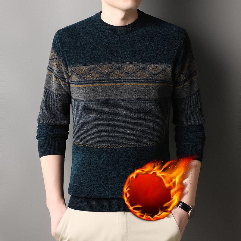 Men's Stripe Pattern Sweater Round Neck Long Sleeve Warm Knit Pullover Top Men's Clothes Outdoor, Old Money Style