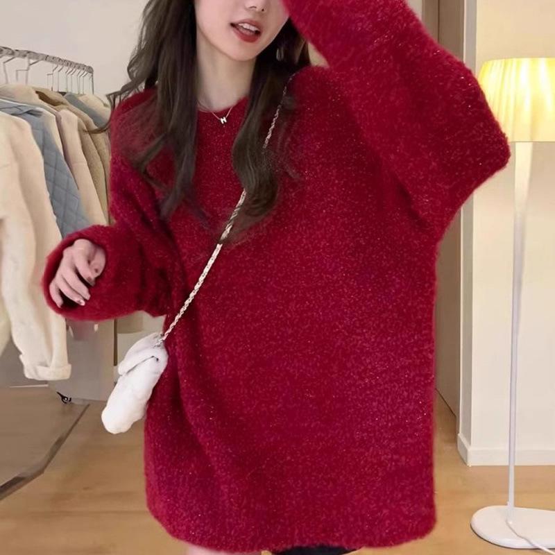 Women's Cherry Red Retro Knit Sweater - Autumn/Winter Loose Fit Long Sleeve Pullover