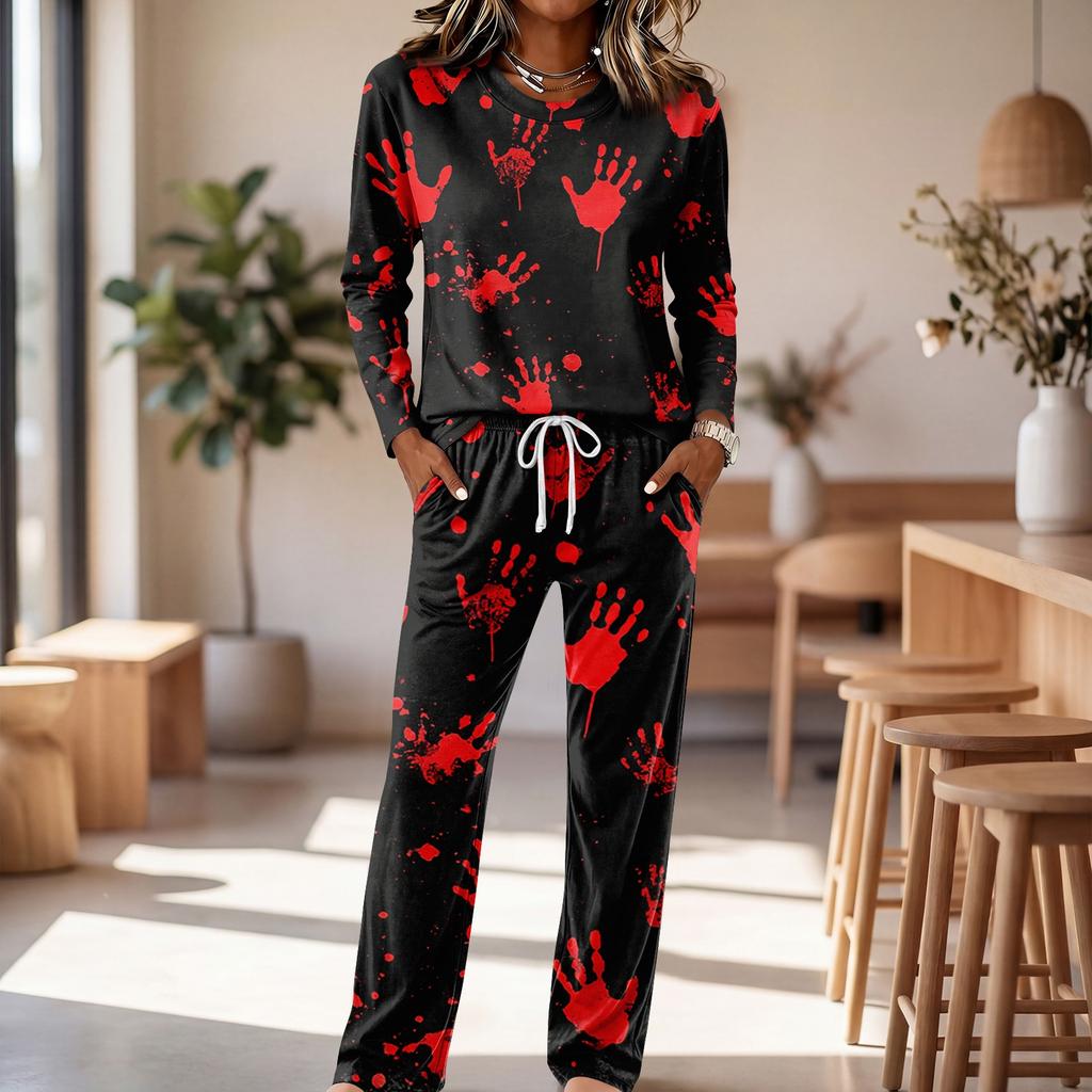Women's Round Neck Long Sleeve Drawstring Wide Leg Pajama Set for Casual Loungewear