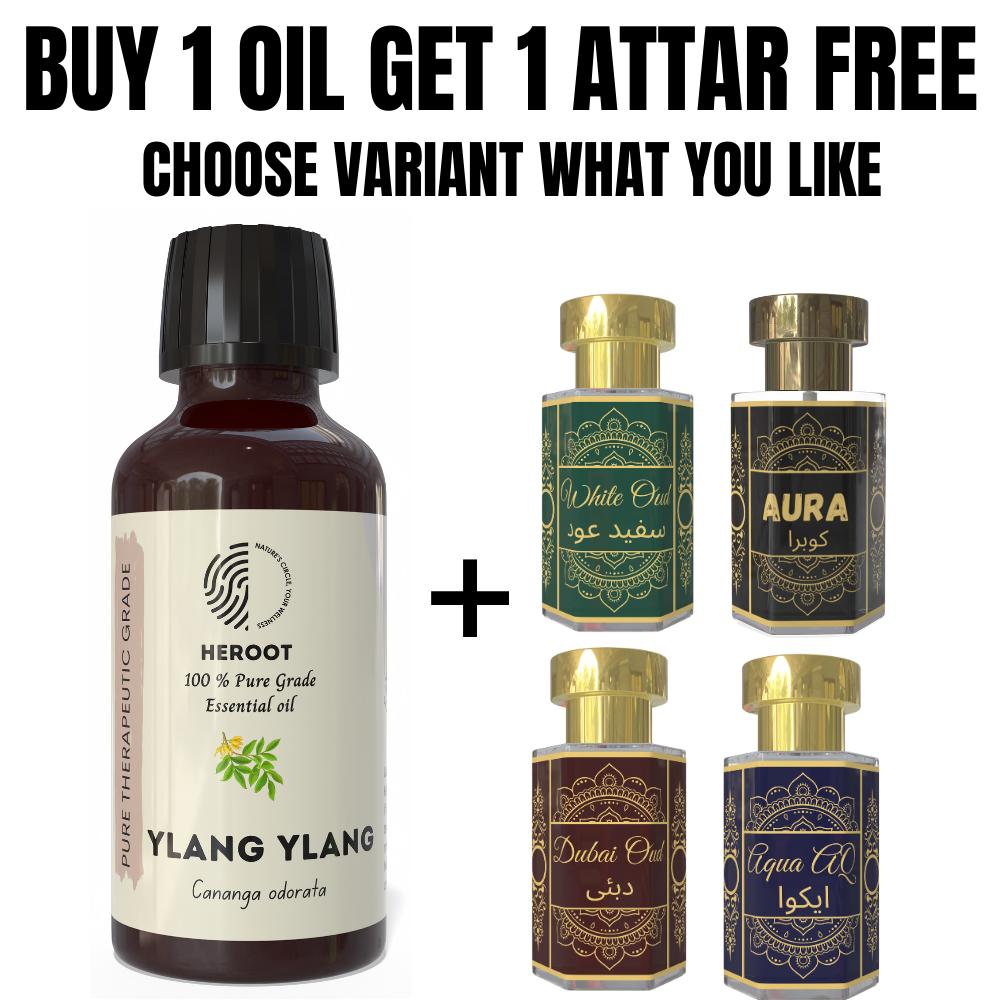 Ylang Ylang Essential Oil 10ml for Aromatherapy & Home Fragrance Get 1 Free 6 Ml Attar – Aqua AQ, Dubai Oud, Aura, White Oud