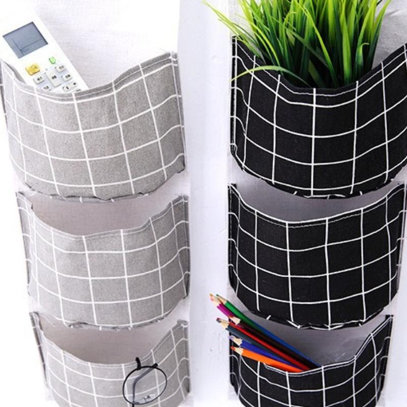 Plaid Cotton Linen Hanging Storage Bag 3 Pocket Door Organizer Wall Mount Pouch for Bedroom Bathroom Storage Holder