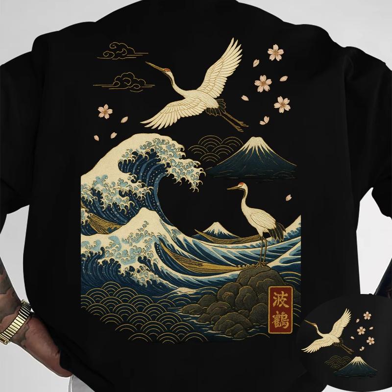 Summer Men s Ukiyo-e Streetwear T-Shirt Japanese Wave Cherry Blossom Crane Print Crew Neck Short Sleeve Polyester Tops XS