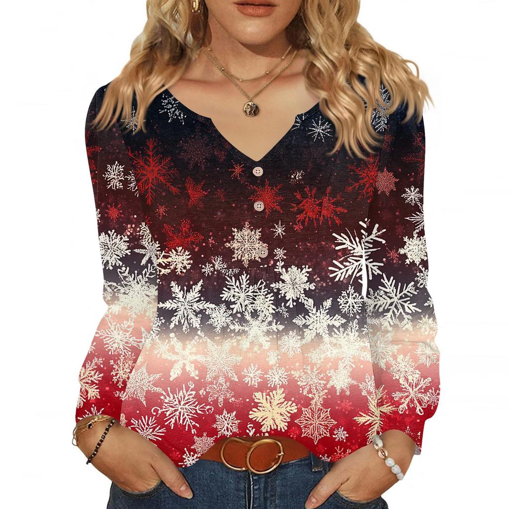 Women's Fashionable Casual V-neck Blouse Button Christmas Printed Long-sleeved Pullover T-shirt Top