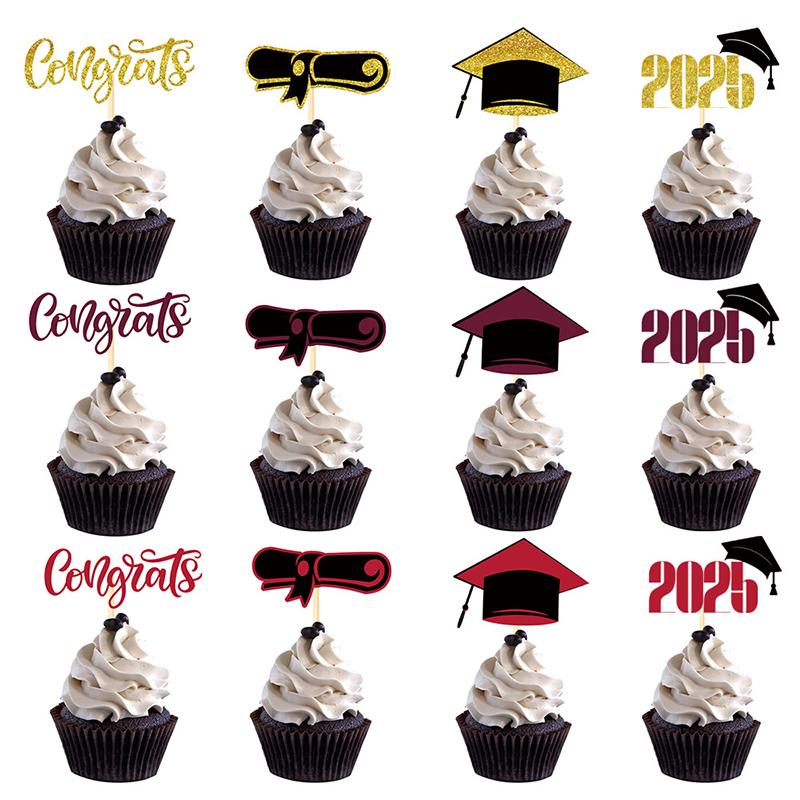 16Pcs Sparkling 2025 Graduation Cupcake Decoration Graduation Season Theme Party Decoration