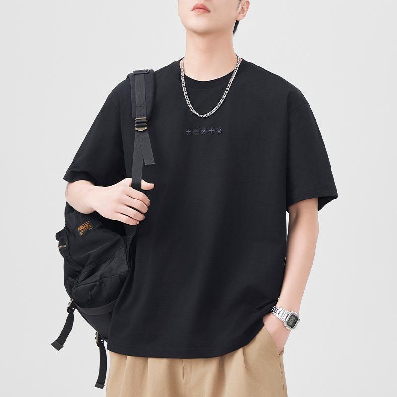 New Summer Short-sleeved T-shirt for Men's Embroidered Loose Five-quarter Sleeve T-shirt Japanese Retro Casual