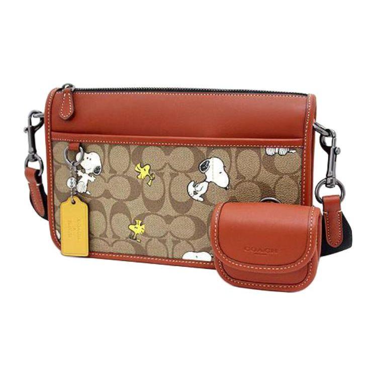 Coach X Peanuts Snoopy Heritage 25 Stampa Cartoon Monogramma Tela Rivestita e Pelle di Vitello Borsa a Spalla Donna Borsa a Spalla Marrone Rosso CE709-QBE7V