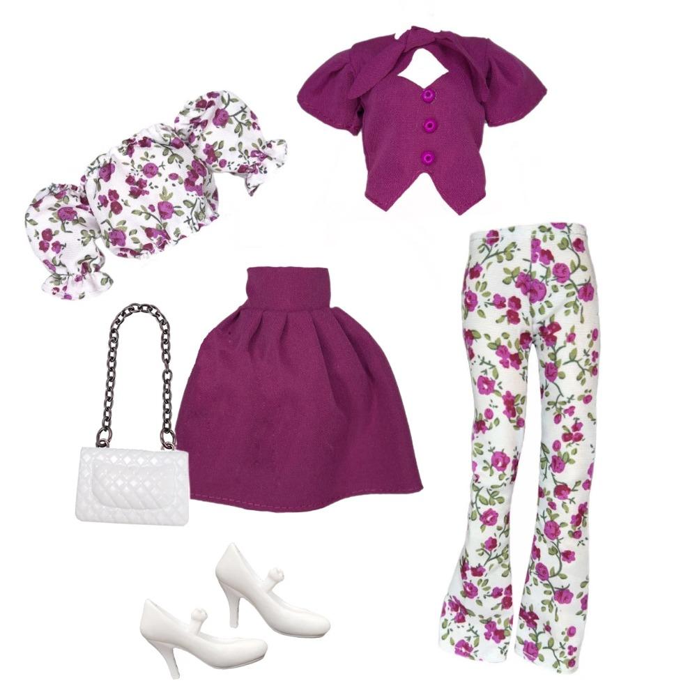 Elegantes Puppenoutfit für 1/6 Puppe Modepuppe Rosa Hahnentritt-Kleid Hut Goldener Gürtel Handtasche mit Schuhen Set