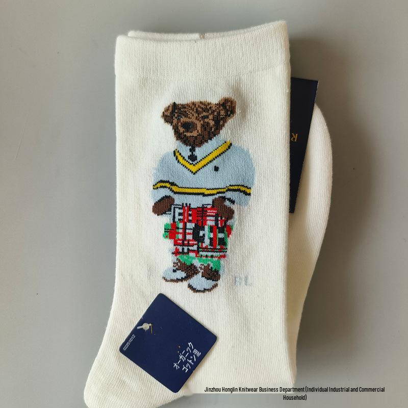 Trendy Little Bear Mid-Calf Women's Cotton Socks for Spring and Autumn