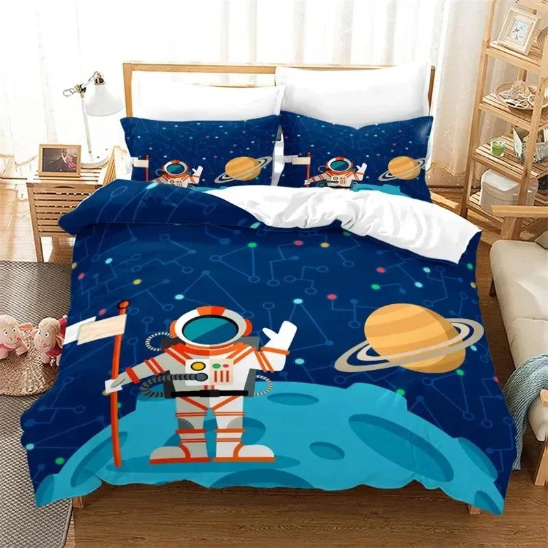 New Cartoon Astronaut Duvet Cover King Galaxy Space Bedding Set Microfiber Rocket Ship Space Adventure Comforter Cover