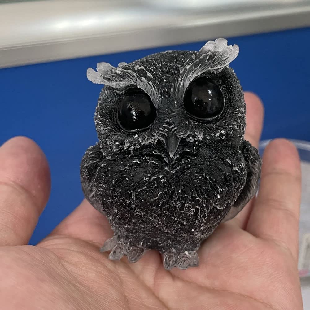 YUYAKESHI Owl Figurine, Mascot, Cute Mini Owl, Entryway, Garden, Pebble Container, Natural Stone Owl, Resin Decor, Small Item, Includes Mat (Obsidian)