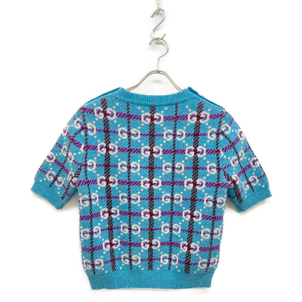 Gucci 23AW 731583 XKC1H Blue Wool Gold Button GGx Check Half Sleeve Knit Pullover Tops XS blueUsed