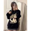 Autumn and Winter Crew Neck Pullover Black Lazy Wind Sweater Women's Soft Waxy Milk Ufu Loose Outer Wear Knitted Sweater Top