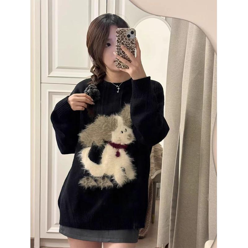 Autumn and Winter Crew Neck Pullover Black Lazy Wind Sweater Women's Soft Waxy Milk Ufu Loose Outer Wear Knitted Sweater Top
