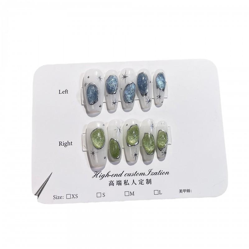 Handmade Press-On Nails With 3D Relief Design Cat Eye Effect Sparkling Dual-Tone Mismatched Tips Women