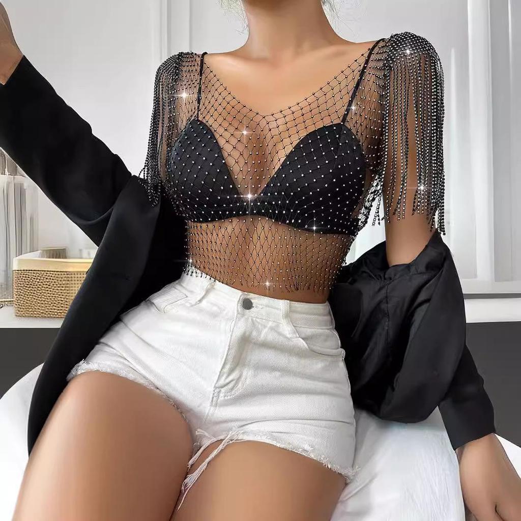 Rhinestone Shiny Fishnet Top - Sexy European & American Style, Short Sleeve Women's Vest H21092