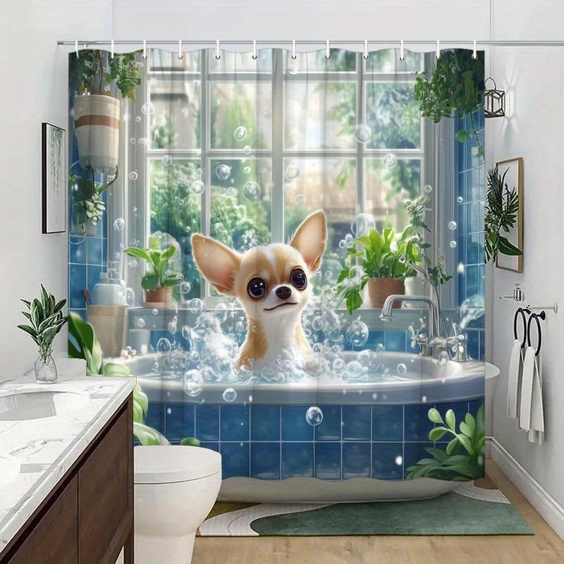 Cute Dog Is Taking A Bath Shower Curtain Washable Dirt-Resistant Shower Head Waterproof Polyester Bath Curtain For Home Decor