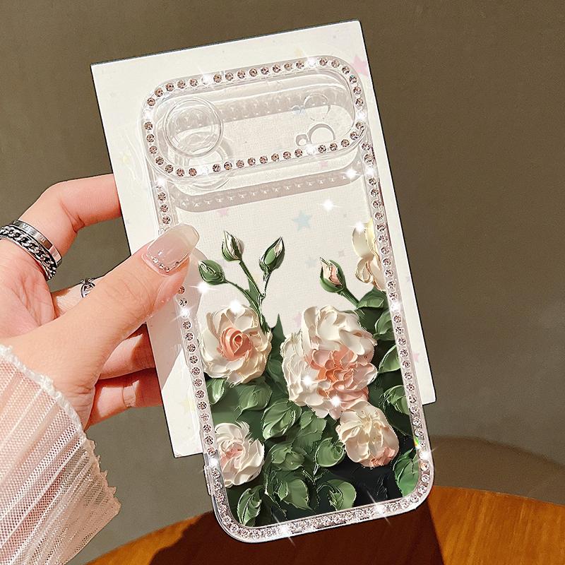 Flower Print Shockproof TPU Case For iPhone 17 Pro Max 16e 16 15 14 13 15 Pro 17 TPU Bling Diamond Soft Silicone Phone Cover