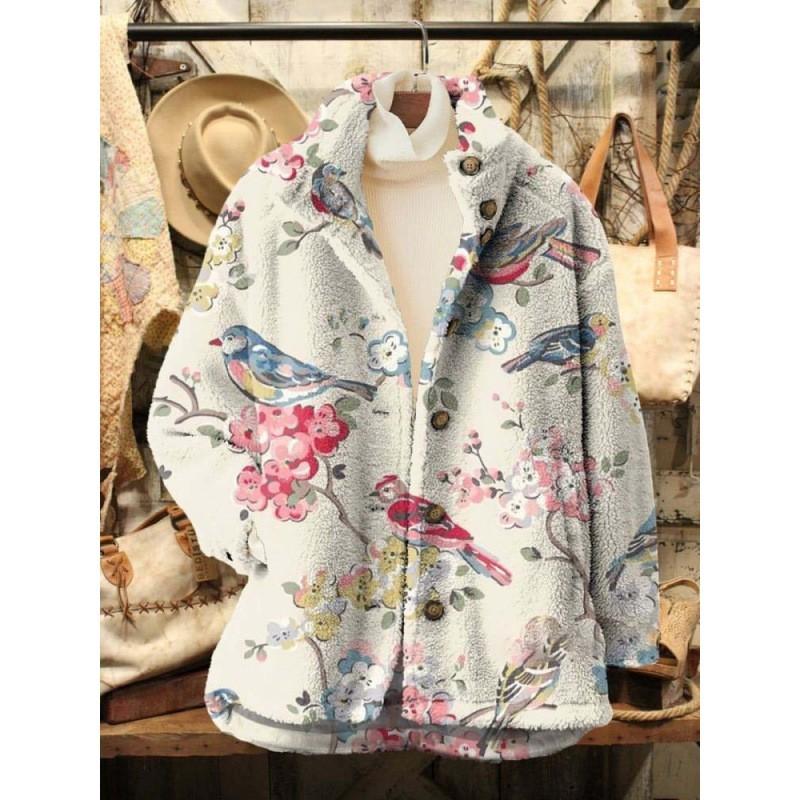 Womens Stand-Up Collar Fleece Sweatshirt With 3D Digital Floral Print Casual Long Sleeve Top Fall 2025