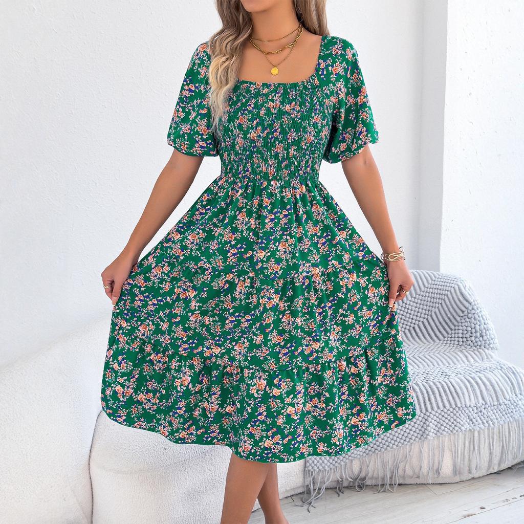 Women's Fashionable Floral Print Square Collar  Short Sleeved Dress With Large Skirt And Loose Fit