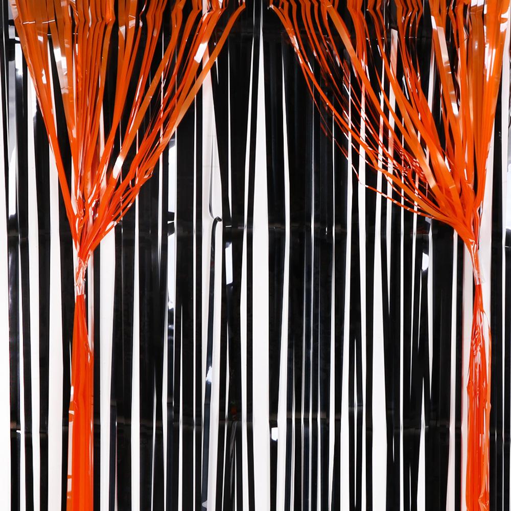 2Pcs Halloween Decoration Backdrop Tassle Curtains Black Orange Foil Fringe Curtain for Birthday Halloween Party Backdrop Deco