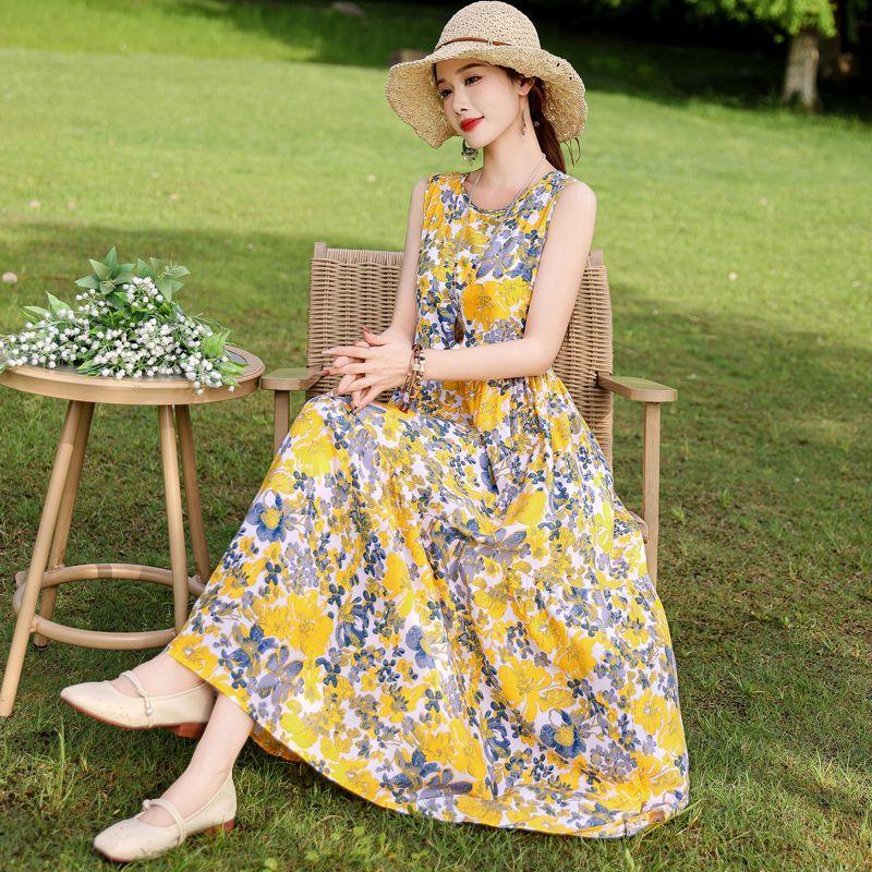 Sommer Fließendes Baumwollkleid Ärmellos Junge Frauen Strand Langes Kleid Urlaubs-Sommerkleid