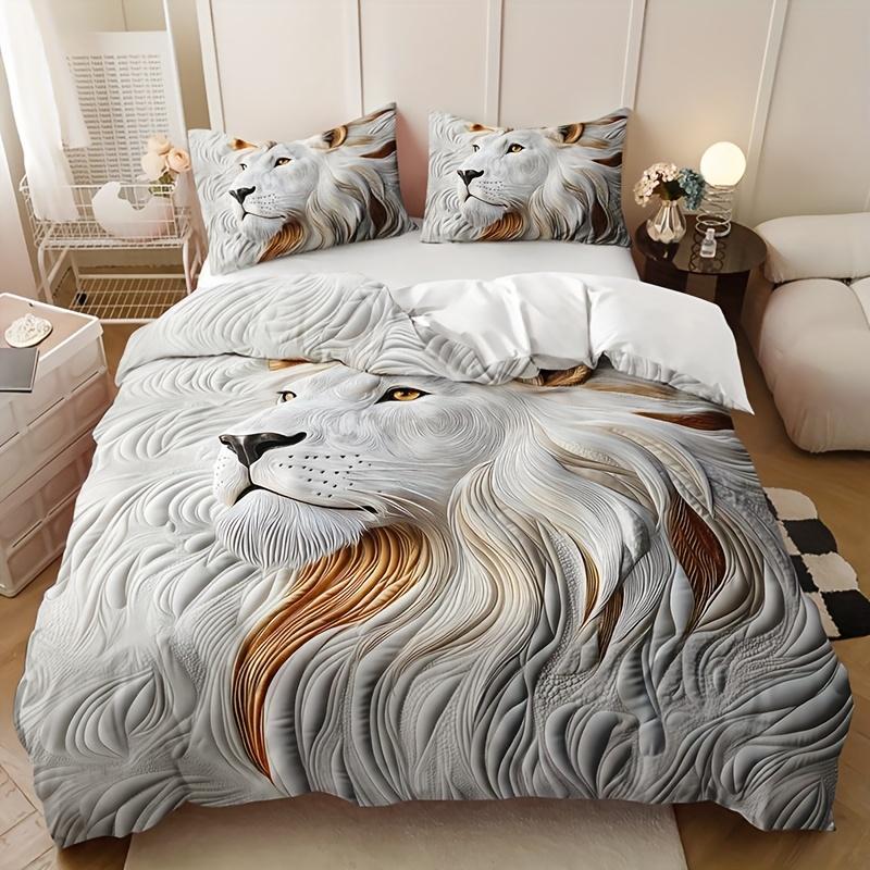 

Grey 3D Lion Animal Duvet Cover Set Breathable Bedding With 1 Duvet Cover And 2 Pillowcases Machine Washable Home Dorm Decor 135X200cm