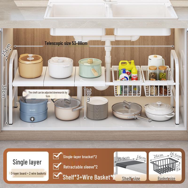 Retractable Under-Sink Tiered Shelf and Pot Storage Rack