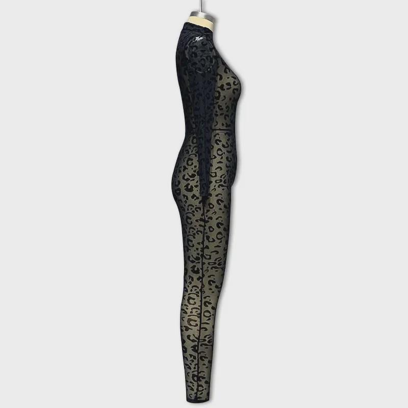 Women's European & American Style See-Through Slim Long Sleeve Flocking Jumpsuit