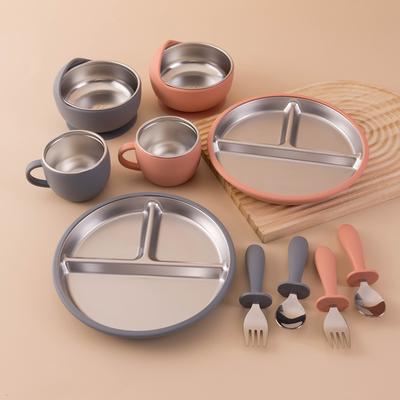 Color Kids 5PCS Baby Feeding Set Stainless Steel Silicone Tableware Sucker Dishes Plate Bowl Training Fork Spoon Infant Cup