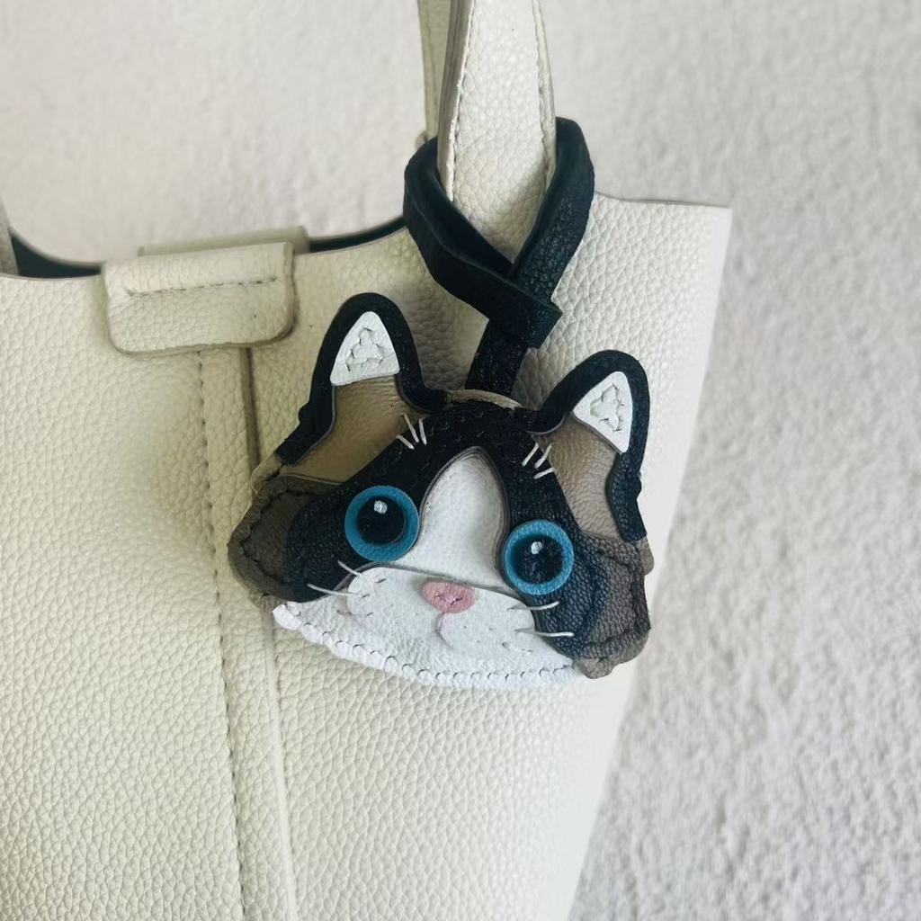 Handmade Genuine Leather Cat Keychain I Cute Kitty 3D Carved Keyring for Women/Men I Multi-Styles Animal Jewelry Gift