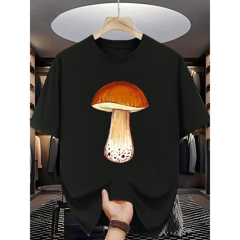European Size Men' Realistic Mushroom Print T-Shirt - Casual Short Sleeve Round Neck Summer Top with Mushroom & Detailing, Soft Casual Attire