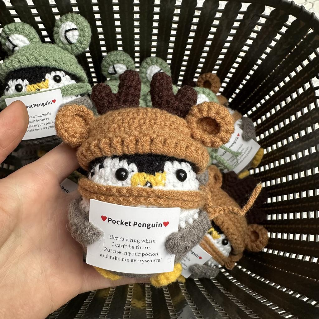 Finished Handmade Cotton Wool Frog Hat Reindeer Hat Penguin Doll Crochet Keychain
