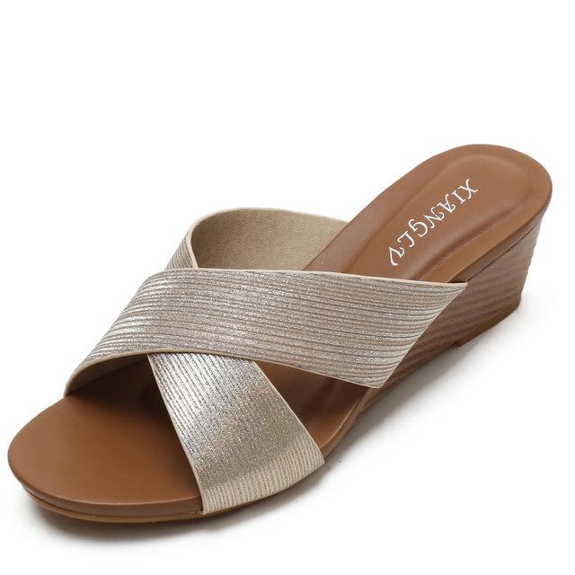 Plus Size 36 -44 45 Women Wedges Sandals Slippers Med Heel X Cross Strap Female Big Size Modern Slides Summer Shoes  New