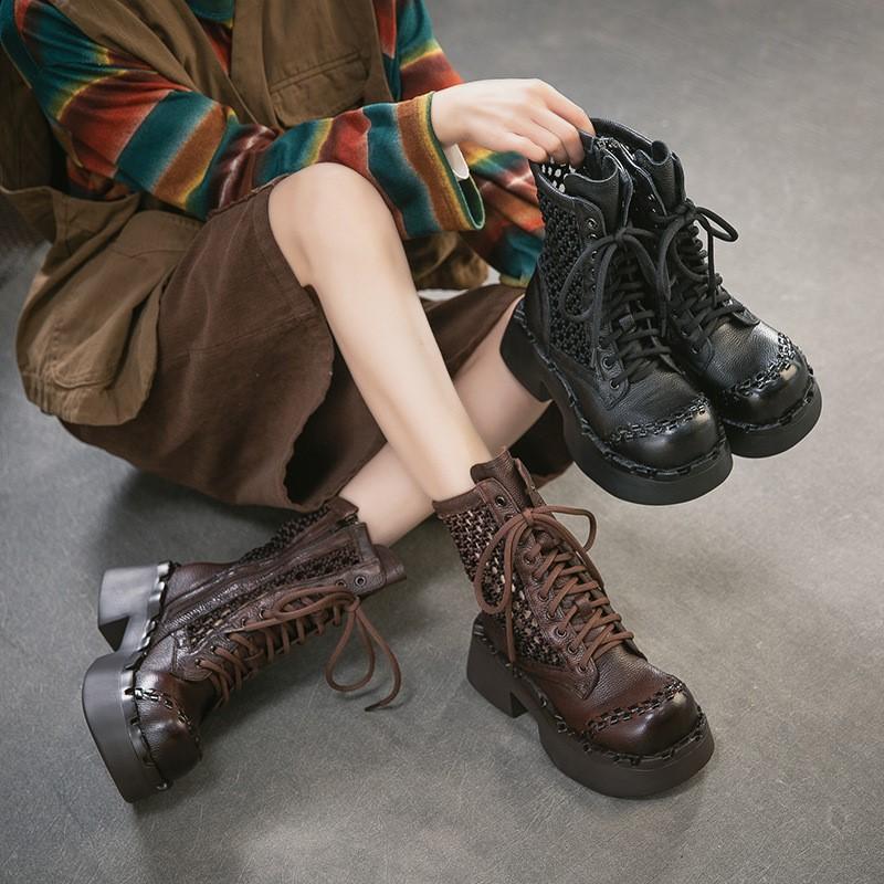 Johnature Hollow-out Boots Genuine Leather Patchwork Mesh Retro Thick Heel Women's Platform Shoes