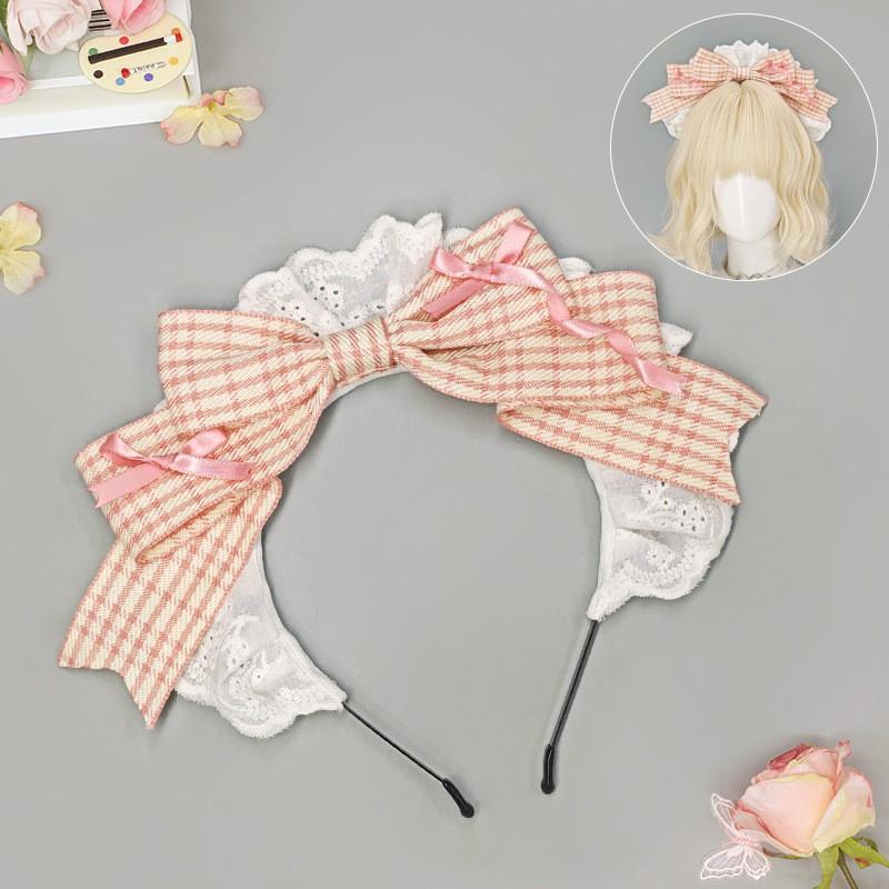 Handmade Lolita Maid Headband With Houndstooth Cosplay Anime Convention Womens Hair Accessory