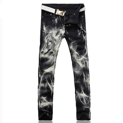 Fashion Men's Wolf Printed Jeans Men Slim Straight Black Stretch Jeans High Quality Designer Pants Nightclubs Singers