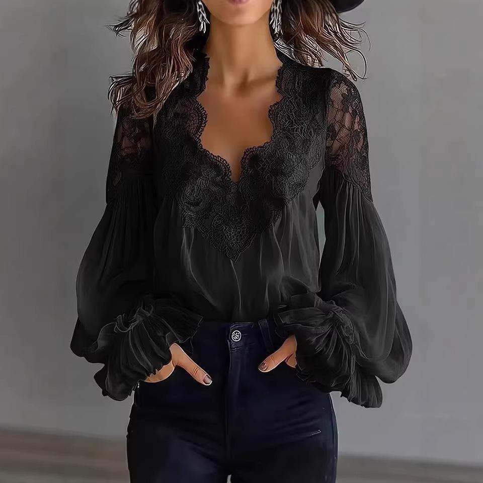 Europeisk & Amerikansk Spets Lapptäcke Puffärm Veckad Damblus