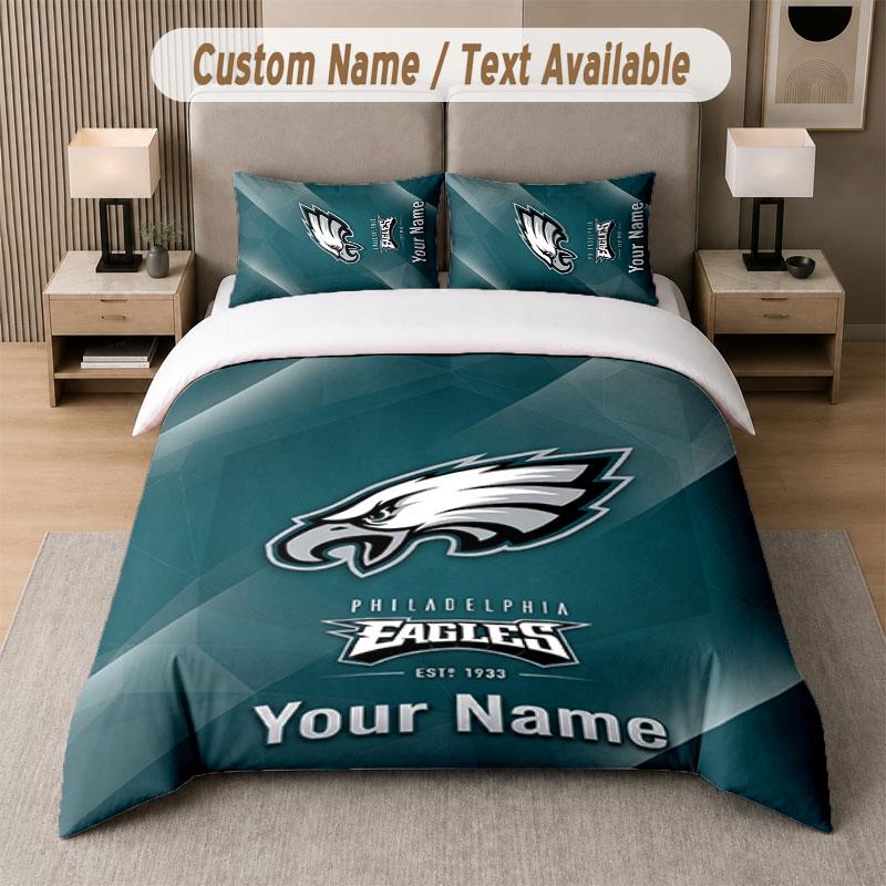 Custom Bedding Set Philadelphia Eagles Pattern, Print Name Text 1 Duvet Cover Plus 2 Pillowcases Home Textile