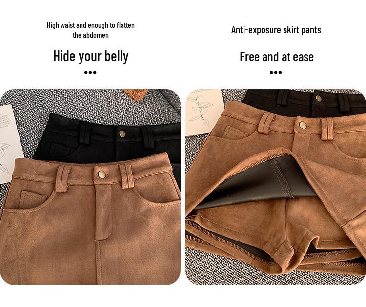 Retro Coffee Suede A-line Mini Skort for Women - Autumn/Winter High Waist Slimming Design
